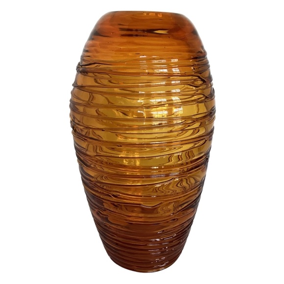 Eastern Beehive Art Glass Vase Honey Amber Hand Blown String Thread Overlay VTG - Picture 3 of 16